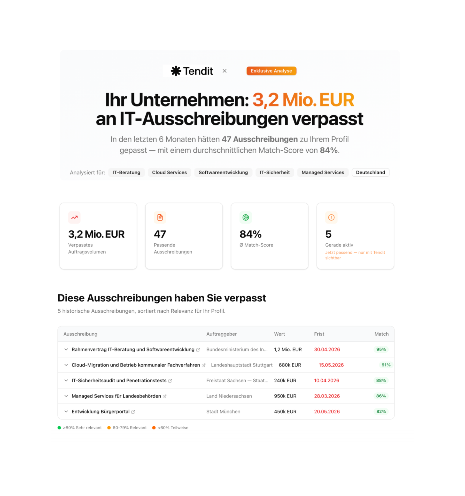 Tendit Potentialanalyse Dashboard -- Beispielansicht mit Ausschreibungsdaten